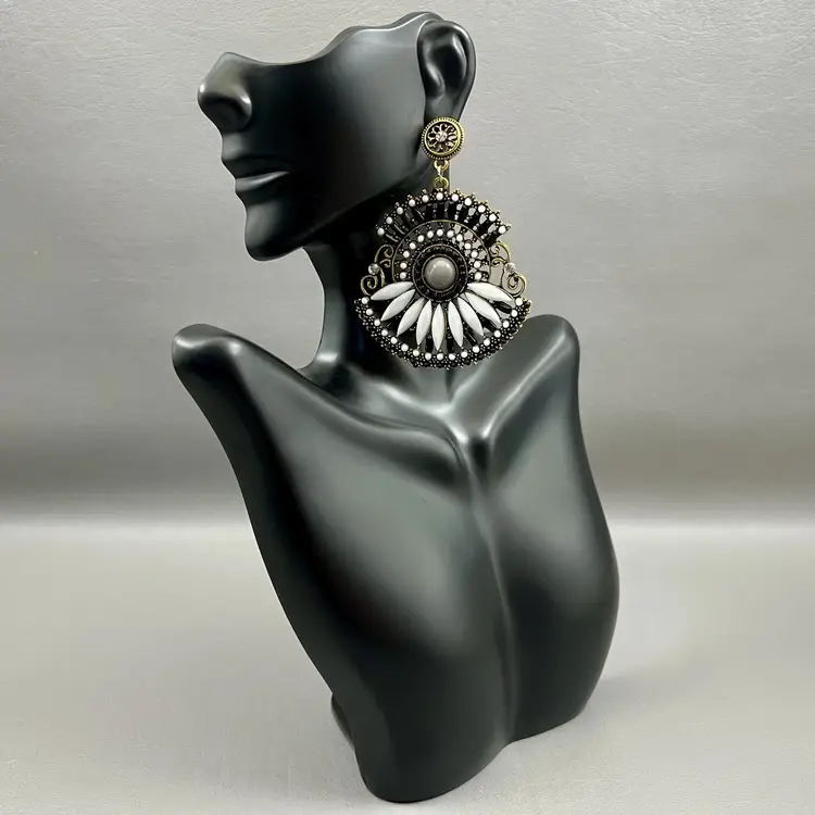 Statement Bohemian Style Drop Dangle Earrings Western Gold Tone White Black 3"