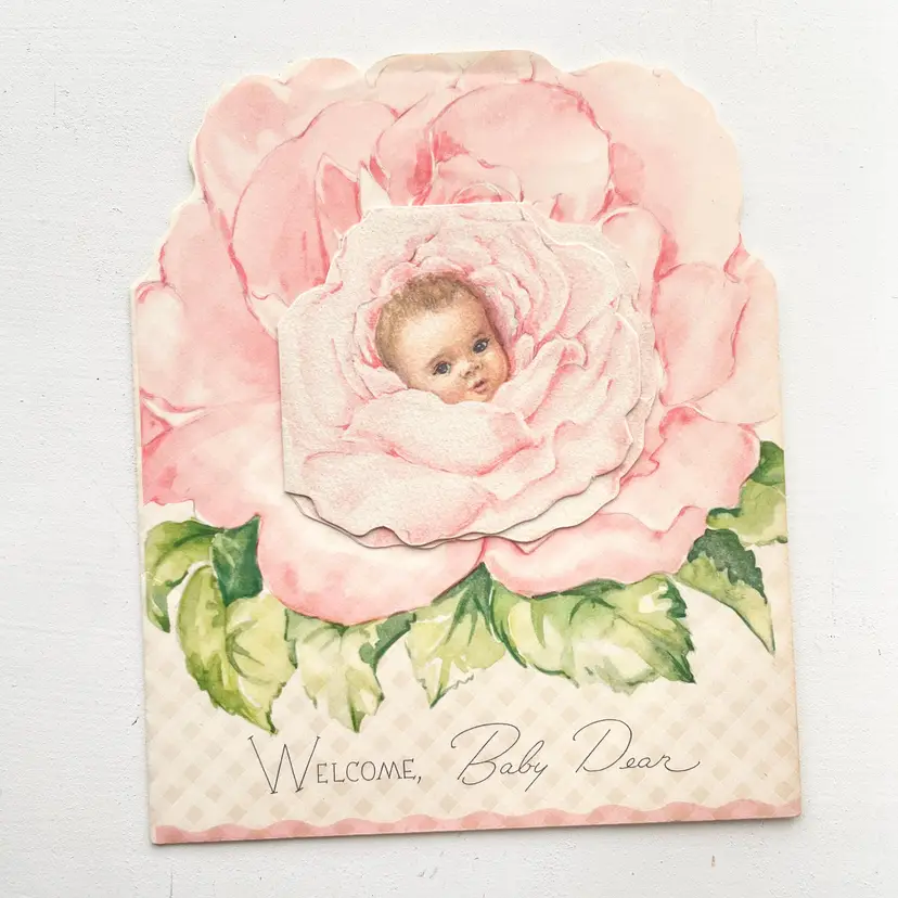 Flower Cabbage Rose Baby Greeting Card Vintage Congratulations Mom and Dad
