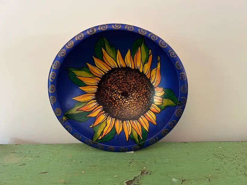 Janis Childs Artisan Bowl. Sunflower Hand Painted Signed Farmhouse Wood Bowl Country 8" Salad Bowl
