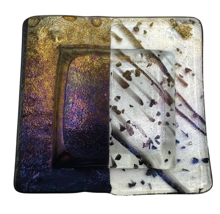 Fused Studio Art Glass Small Trinket Dish Square Iridescent Purple Stripe 3.5”