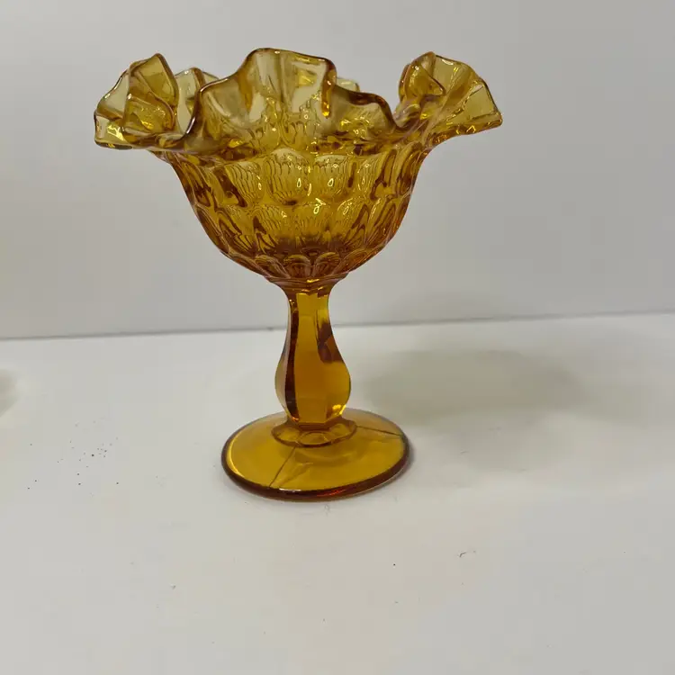 Vintage Fenton Thumbprint Amber Glass Ruffled Edge Footed Compote Candy Dish