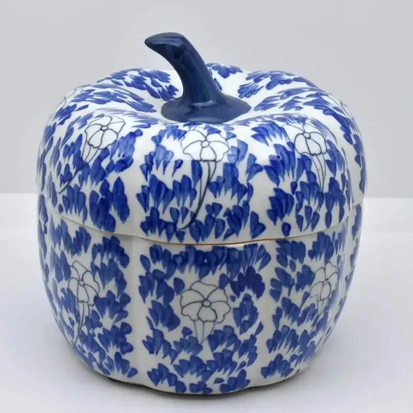 Porcelain Lidded Pumpkin, Blue and White, 6", Made in Thailand