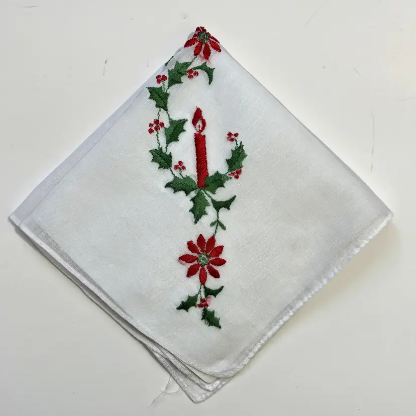 Embroidered Christmas Handkerchief Candle Holly Cottage Core Granny Vintage