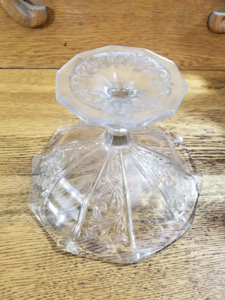 Vintage Pressed Glass Floral Compote Bowl 8” Pedestal Clear Elegant Glass
