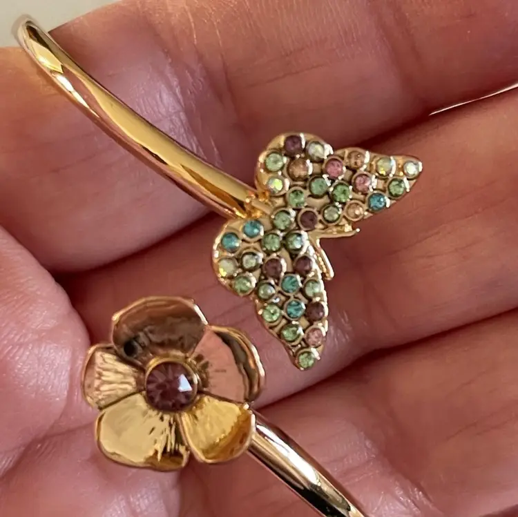 Signed Betsey Johnson crystal butterfly and flower hinged bracelet