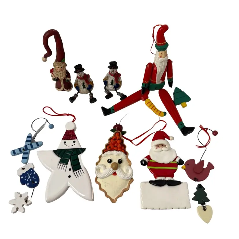 Vintage Variety Christmas Ornaments and Figurines Santa Snowmen Cardinal Mitten Wood Polymer Clay Plastic Resin Set of 9