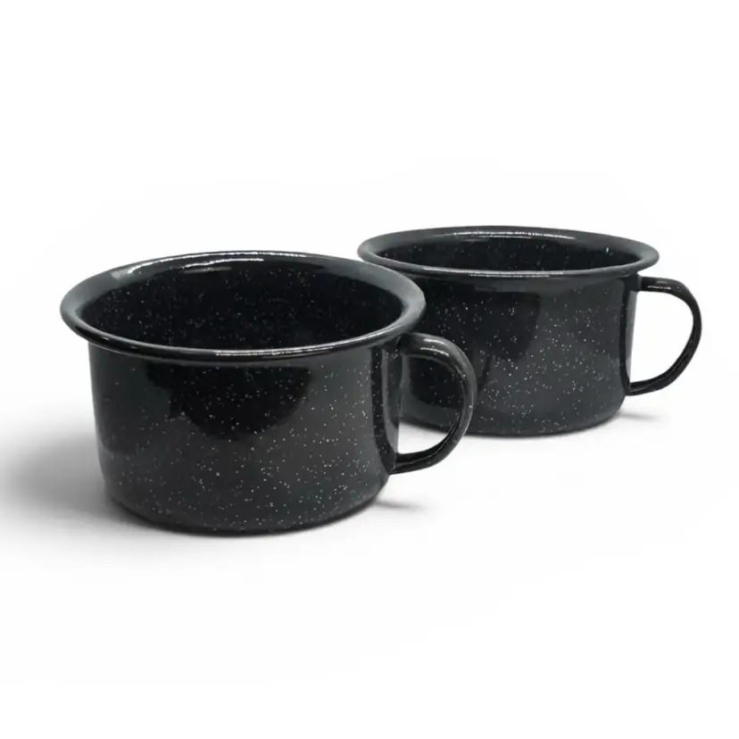 Pair Of Vintage Black Enamelware Tin Cup