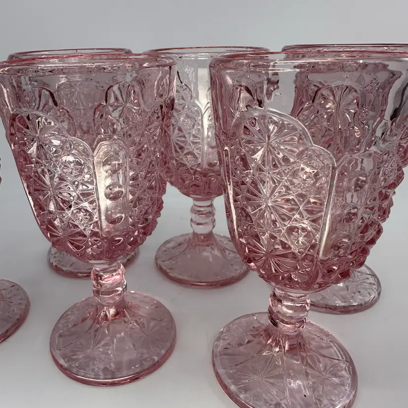 LG Wright Pink Glass Daisy And Button 5” Wine Cordial Sherry Goblet Set/4