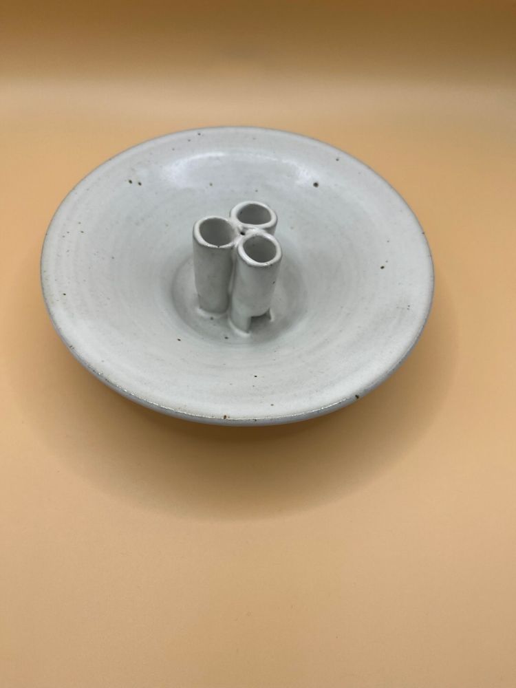 Signed White Speckled Studio Pottery Flower Frog Dish