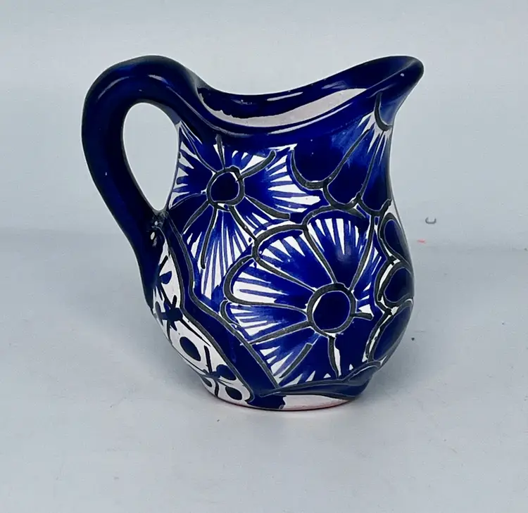 Vintage Signed Mexican Folk Art Creamer - Hand Painted Cobalt Blue and White Redware Pottery