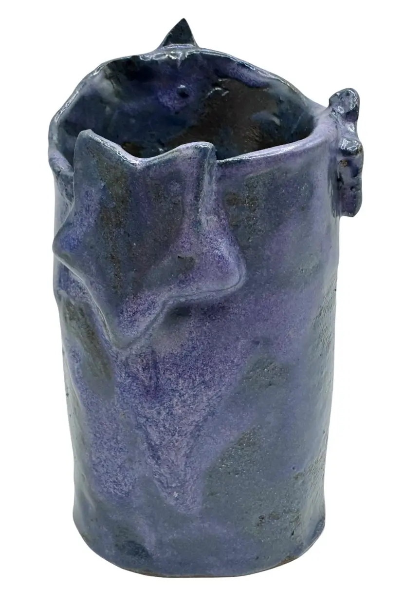 Signed Studio Art Pottery Vase Pencil Holder Purple Blue Applied Stars 6”