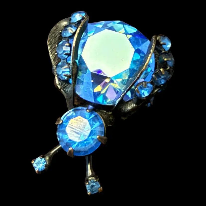 Weiss Blue Rhinestone Beetle Bug Brooch Pin 1.25”