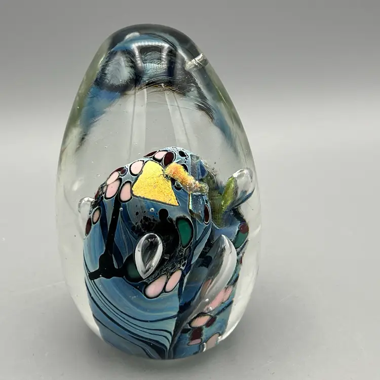 Karg Signed Dichroic Art Glass 4.5” Egg Shaped Paperweight Bubbles