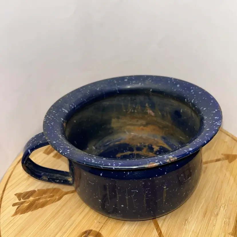 Vintage Blue Enamel Speckled Chamber Pot Converted To A Planter
