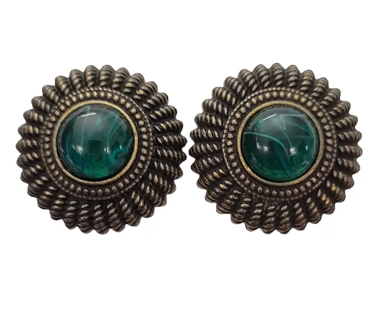 Ben Amun Flawed Emerald Green Glass Cab Clip-On Earrings, Signed E639