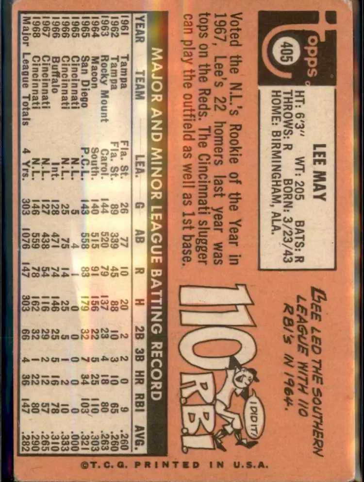 1969 Topps #405 Lee May - (pk3) - Cincinnati Reds