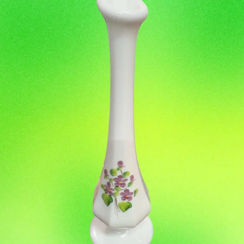 Vintage Fenton milk glass bud vase with hand-painted violets. Signed