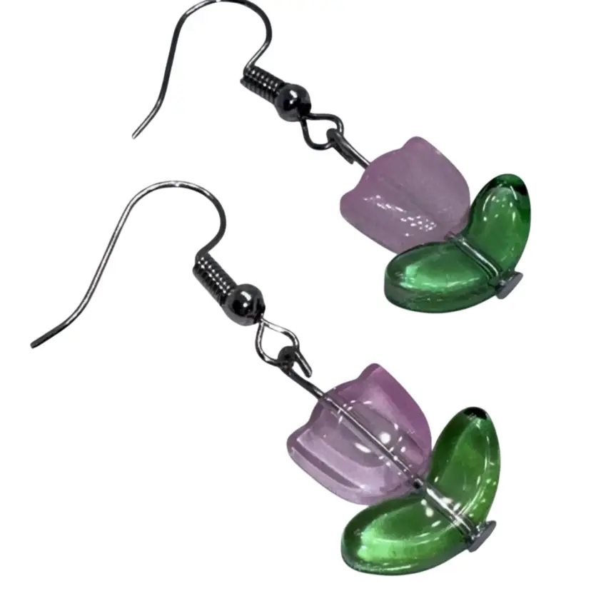 Pink Lampwork Tulips Flower Handmade Dangle/Fishhook Earrings