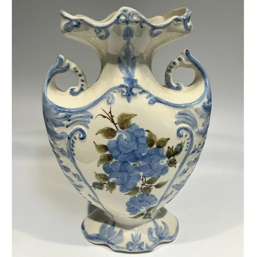 Cash Family- Hand Painted-  Pottery Vase – 1945- Erwin, Tennessee – Blue Floral Design – 9.5” Tall, 7” Wide