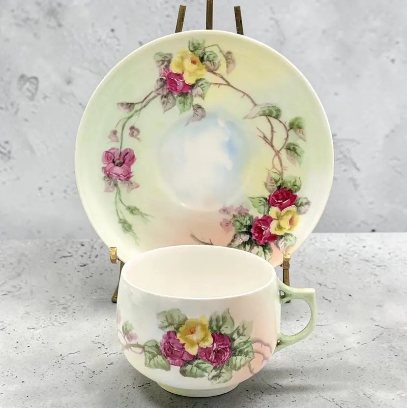 Atq AKD Klingenberg & Dwenger Porcelain Limoges France Pink Roses Cup & Saucer
