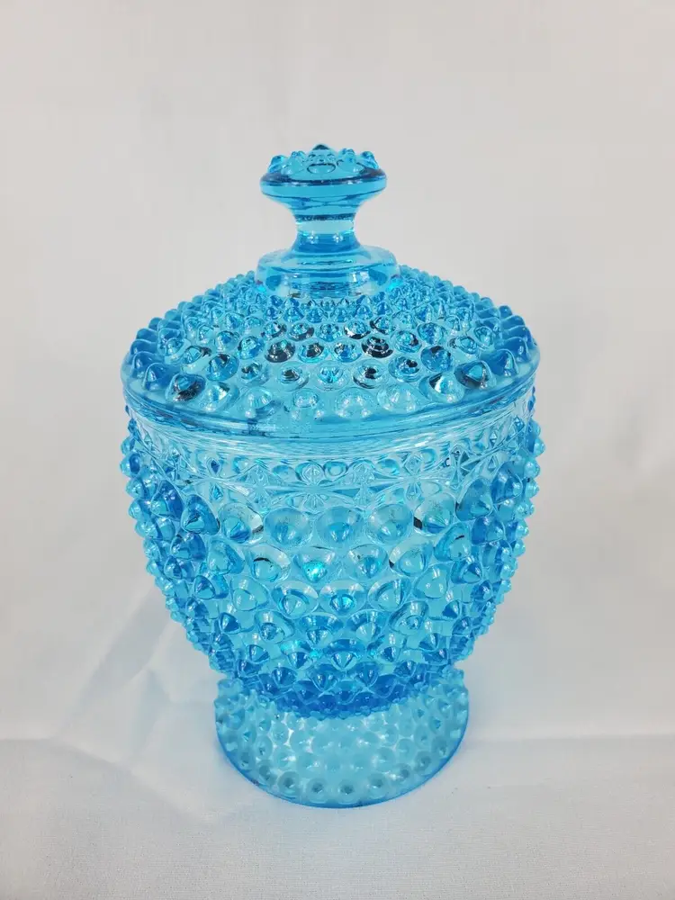 Vintage Hobnail Art Glass Jar Canister Blue W/ Lid Candy Dish 6.25" Tall