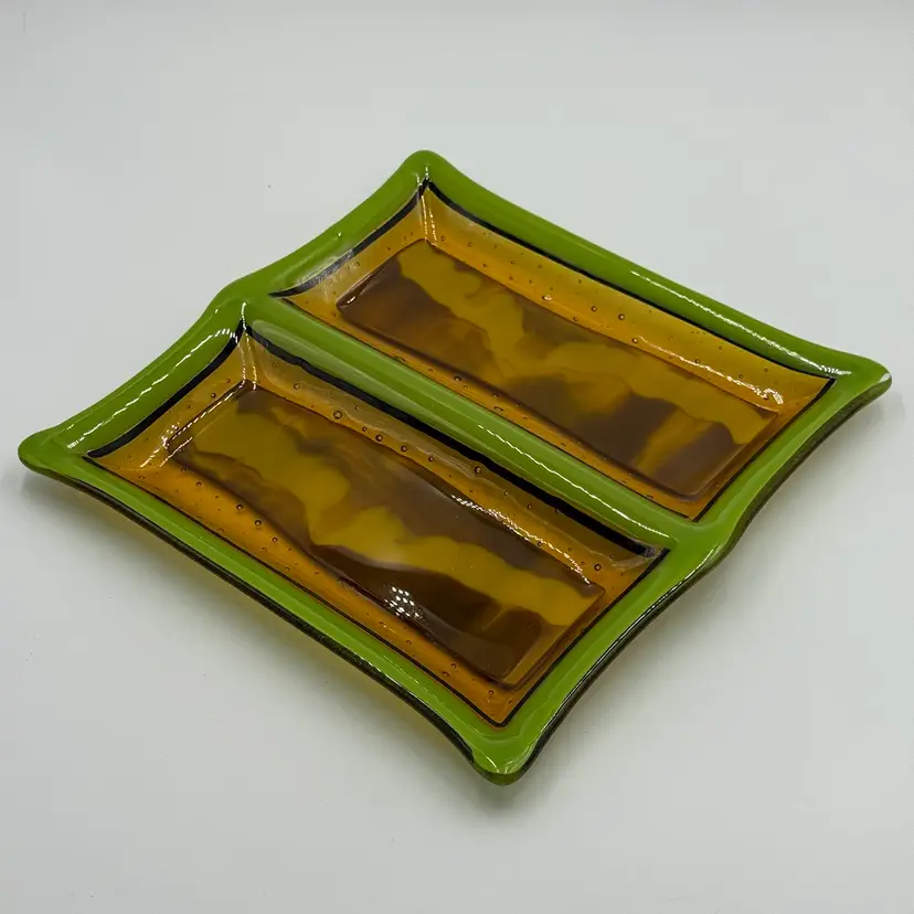Fused Art Glass Square Divided Dish Tray Avocado Green Rim With Amber Middle And Controlled Bubble