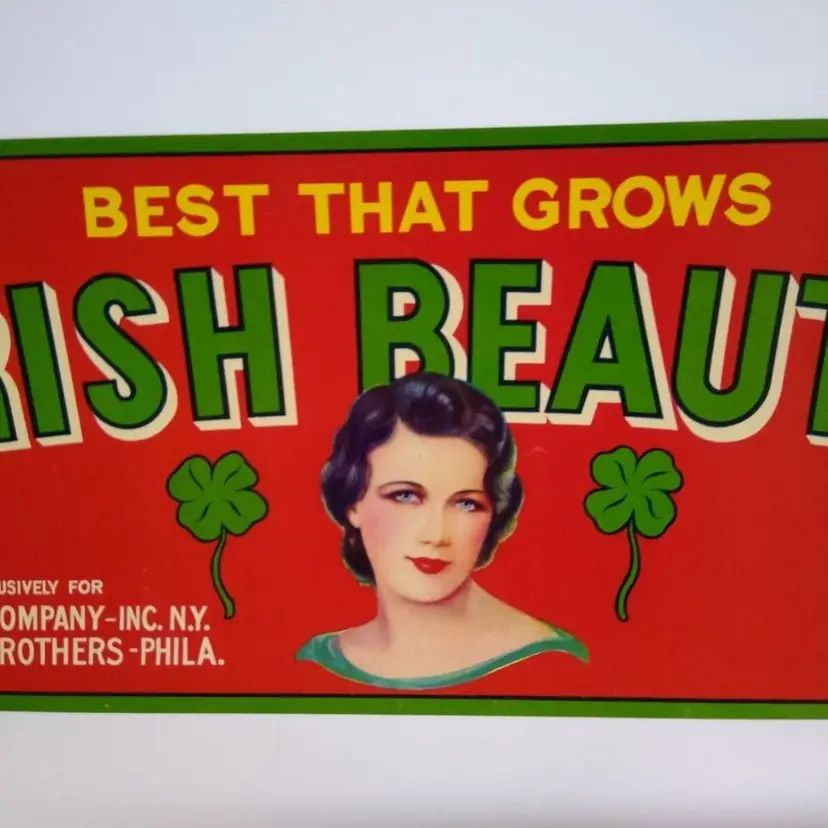 Irish Beauty Crate Label Lovely Blue Eyed Shamrock Lady Ireland Vintage 1940s