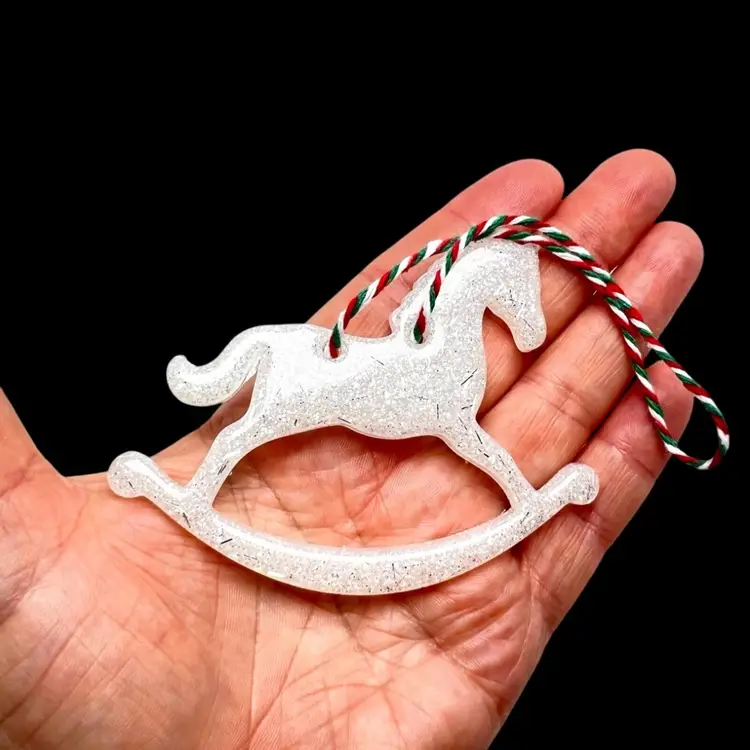 White and Silver Glitter Rocking Horse Winter Christmas 3-1/2” Ornament. Handmade by me 🫶