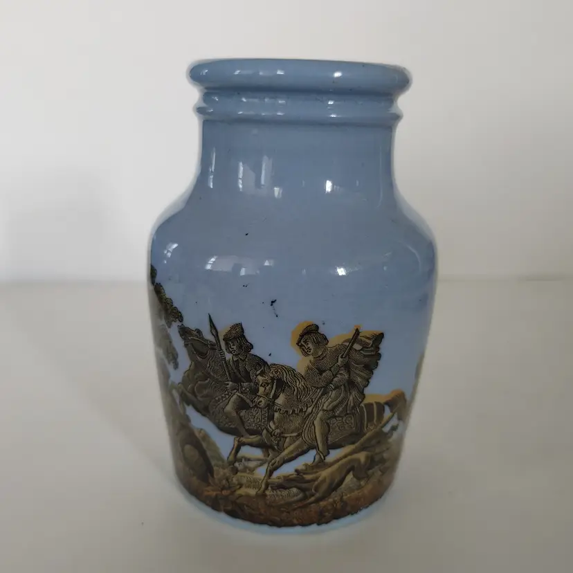 Antique English Prattwate Pottery jar. Mid to late 1800's. Boar hunting scene. No chips or cracks. 4 in high.