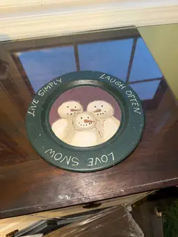 Folk Art Primitive Family Snowman Wooden Plate, Christmas decor
