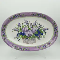Lavender Floral Oval Serving Platter Tray Basket Bouquet of Flowers