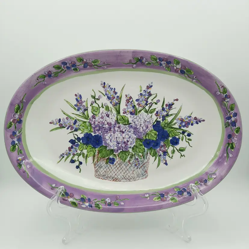 Lavender Floral Oval Serving Platter Tray Basket Bouquet of Flowers