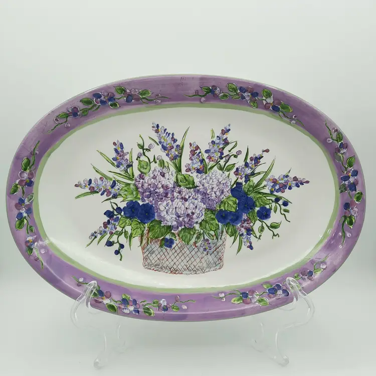 Lavender Floral Oval Serving Platter Tray Basket Bouquet of Flowers