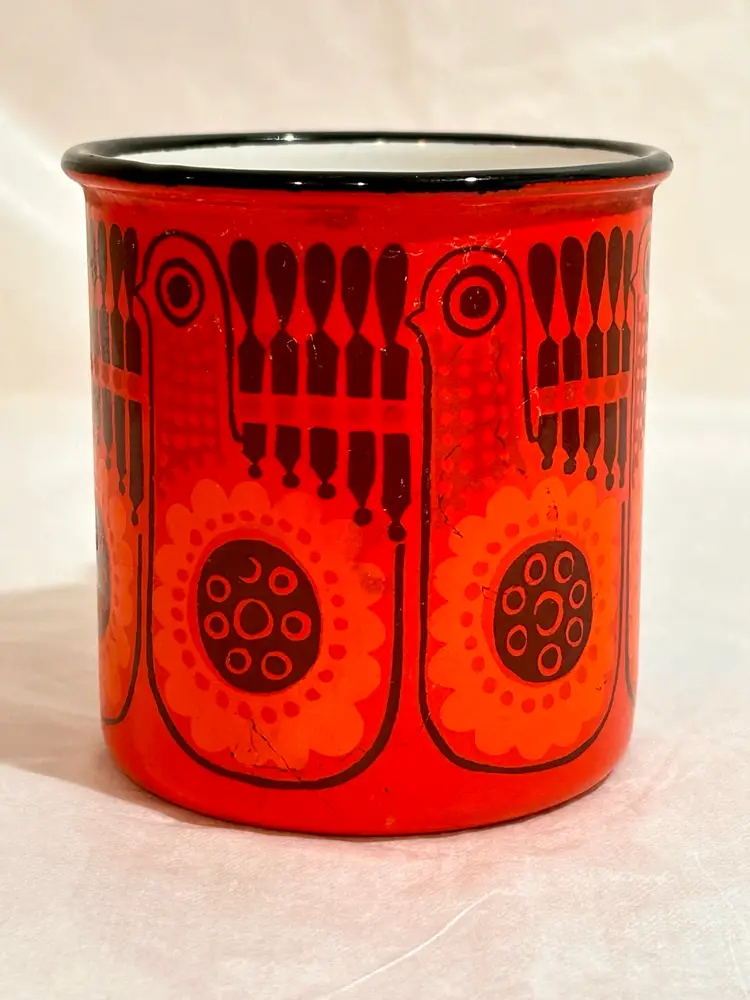 Vintage Finel Arabia Lintu Bird Enamel Coffee Mug Raija Uosikkinen Finland