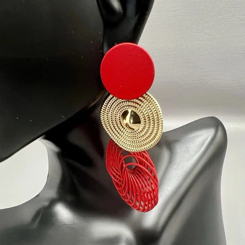 Red Gold Statement Dangle Earrings Large Disc Spiral Retro Bold Fashion 2.75"