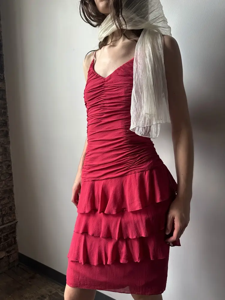 Vintage Silk Berry Pink Ruffle Dress