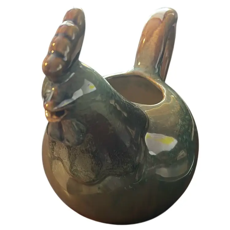 Handmade ceramic rooster-shaped pitcher / Watering Can with green speckled glaze.
7” Tall