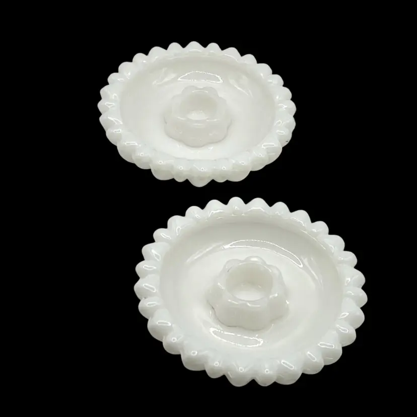 Set Of 2 Hazel Atlas White Milk Glass Candlestick Holders Round Trinket Coin Dish 4 in Diameter
