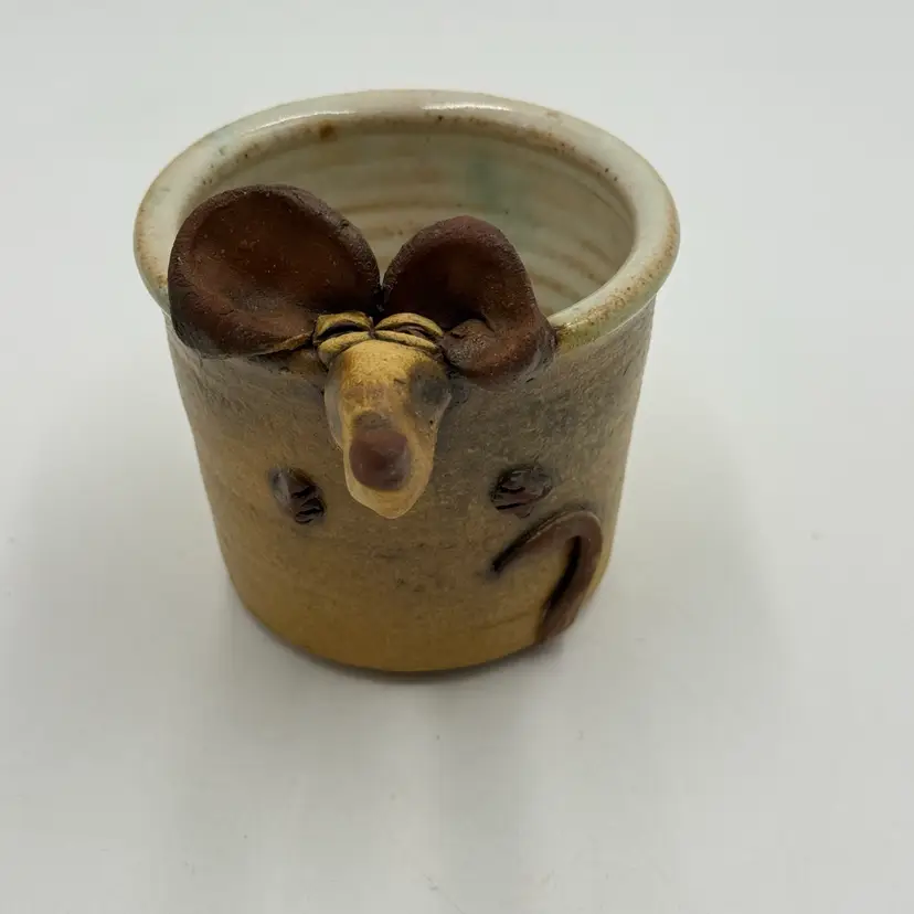 Pottery 3D Cute Mouse Face Cup Sculpted Folk Art Stoneware Candle Holder