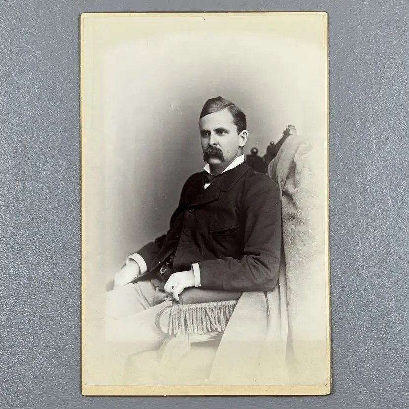 Antique Cabinet Card Photo Victorian Gentleman Mustache Seated Portrait c1890s Greencastle Indiana