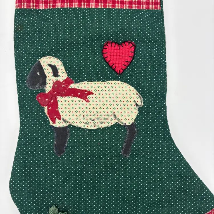 Vintage Christmas Stocking Quilted Patchwork White Sheep Heart Applique
