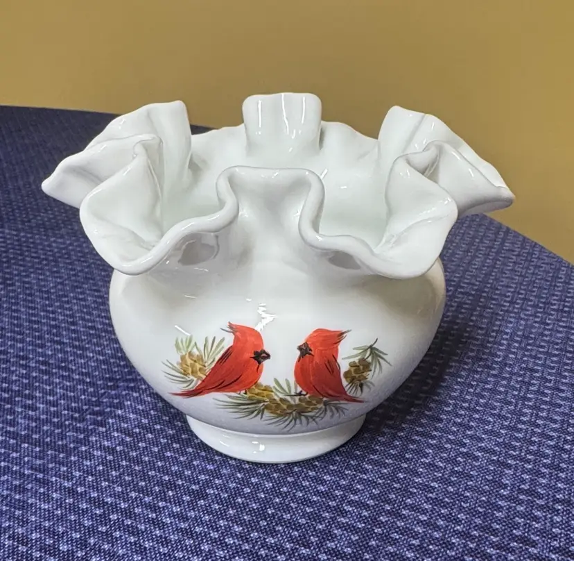 Fenton White Milk Glass Rose Bowl Vase with Hand Painted Cardinal Bird Signed