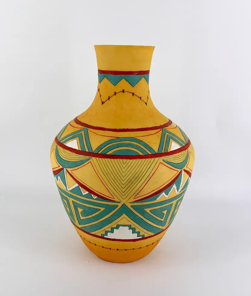 Hand Painted Southwestern Style 14" Resin Vase Geometric Native Aztec Abstract