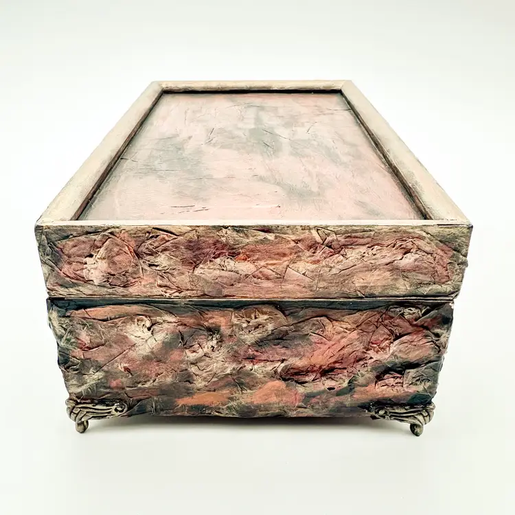 Hand Decorated Wood Jewelry Crystal Collection Box Mirrored Lid Removable Trays 10" x 6" x 4"