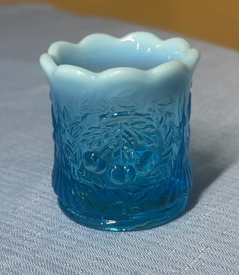 LG Wright Art Glass Wreathed Cherry toothpick holder blue opalescent 2 3/8” tall