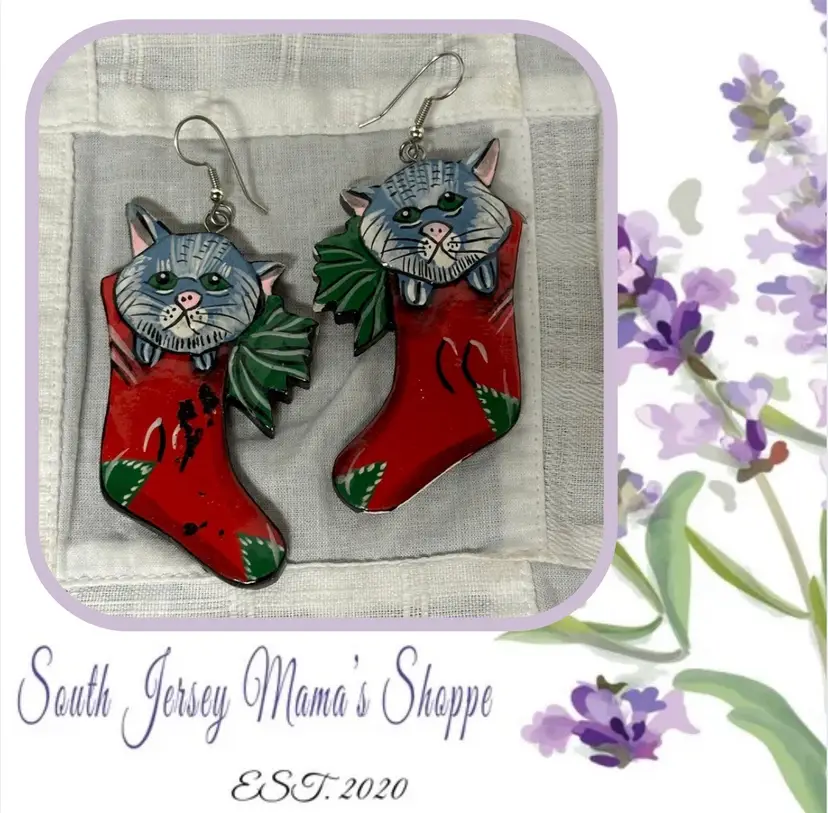 Vintage Hand Painted Cat In A Stocking Pierced Earrings