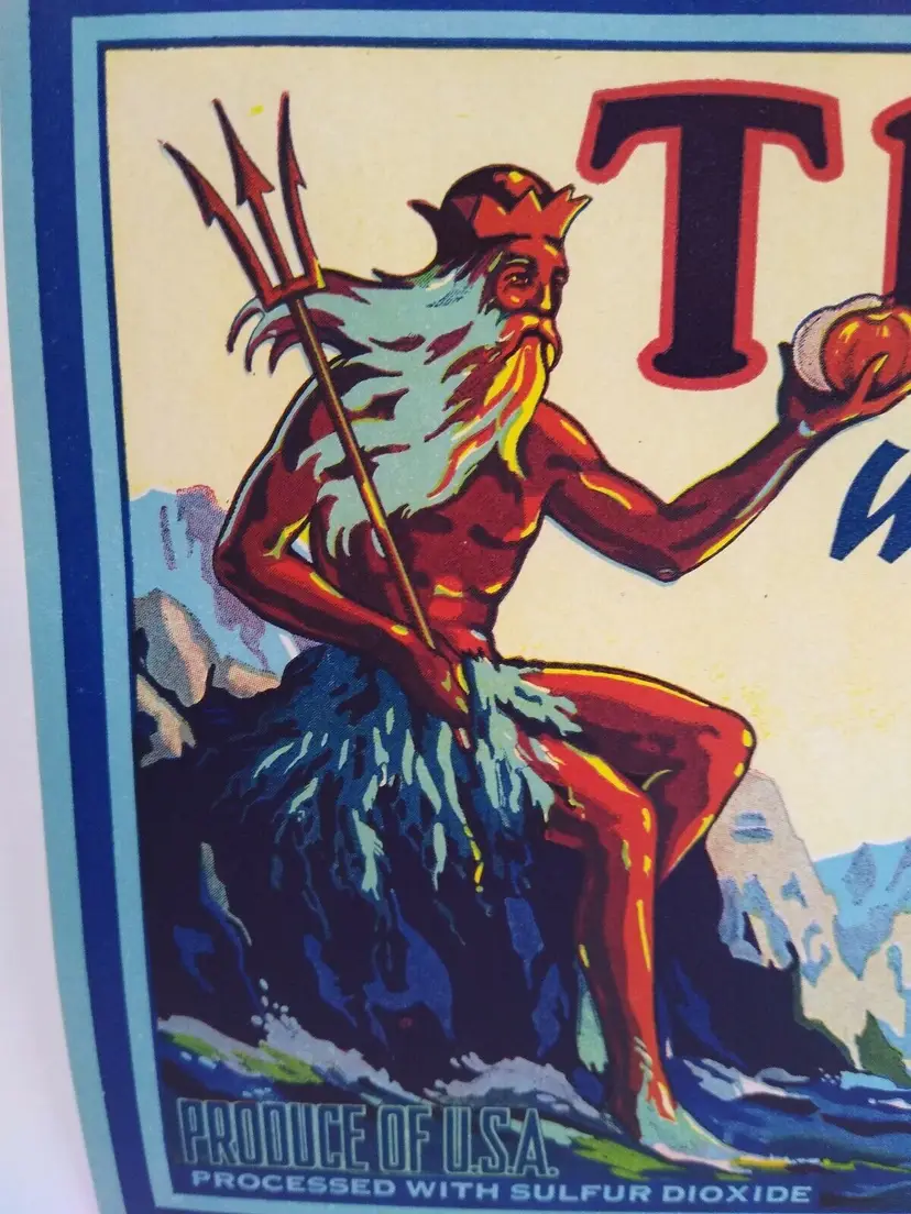 Triton Apples Crate Label King Neptune Man With Trident Vintage Original 1940s