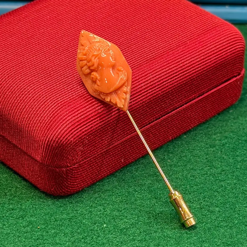 Carved Coral Cameo Hexagon Lady Right Facing Leaf Detail Stick Pin Gold Tone Repurposed