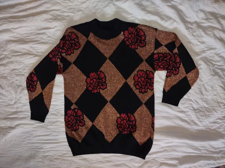 VTG Metallic Sz M/L Harlequin Mock Neck Dana Scott Women Knit Long Sweater