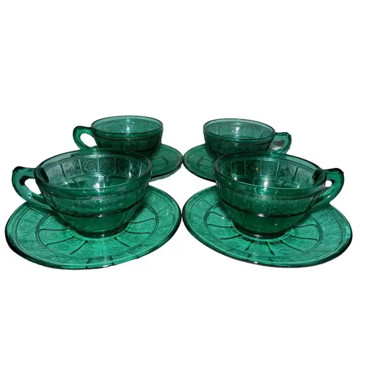 Jeannette Glass, Ultramarine Doric & Pansy 4 Cup & Saucer Sets, RARE! Depression